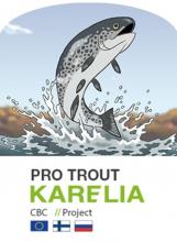 Project logo with EU, Finnish and Russian flags below a jumping cartoon brown trout