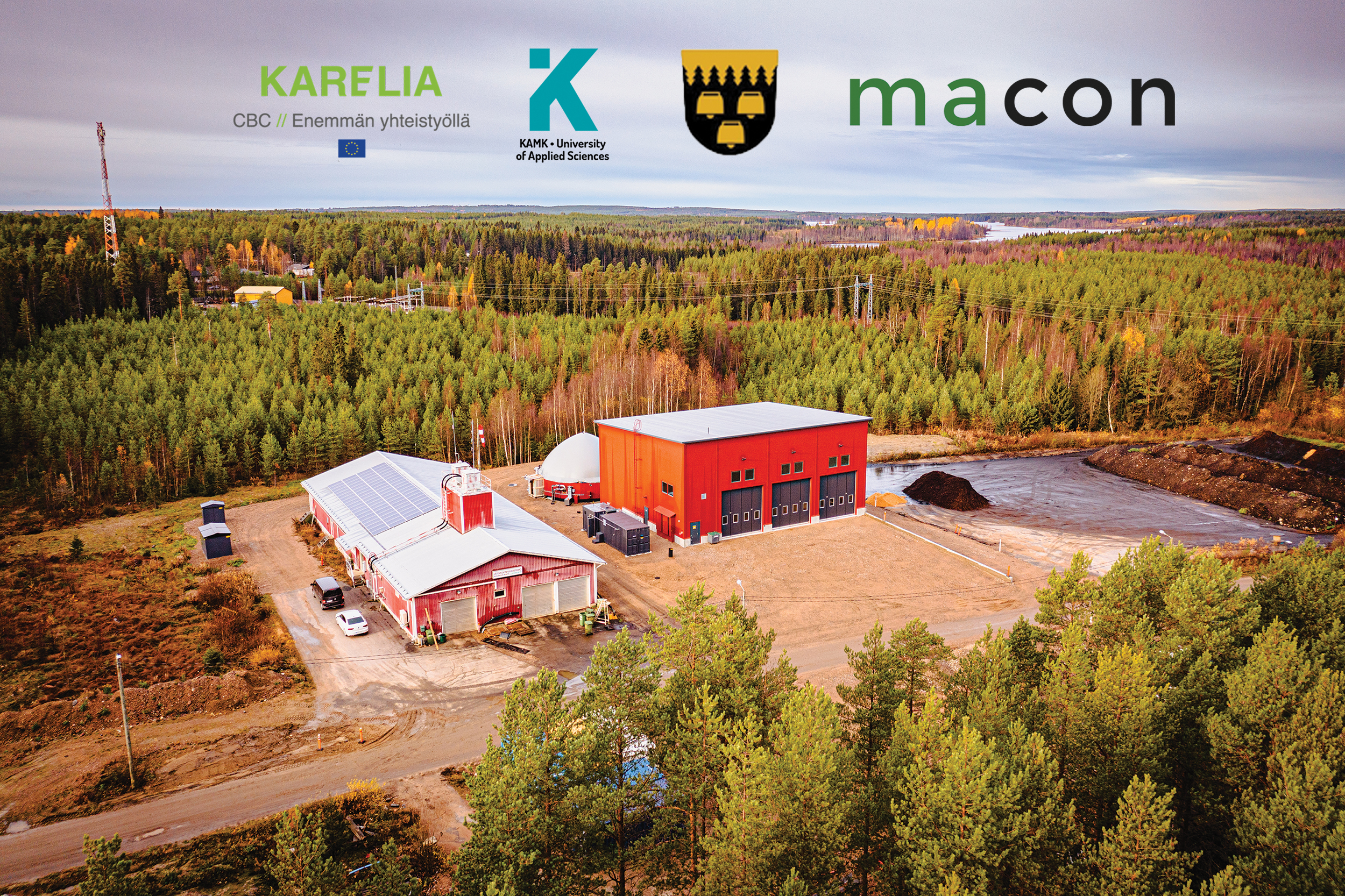 Kara-hankkeen kuva Puolangan biokaasulaitoksesta, logot